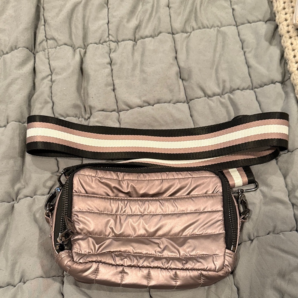 THINK ROYLN Metallic Crossbody Bag with Striped Strap